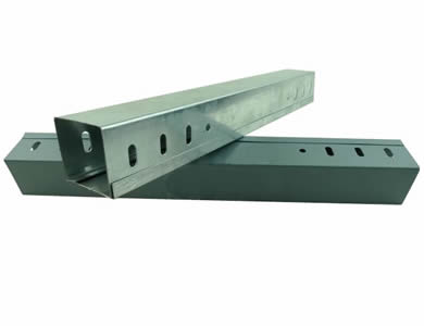 A set of two stainless steel channel cable trays with covers on top and holes on both sides