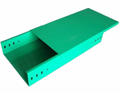 Channel type green epoxy resin cable tray with a cover on top and holes on both rails to ventilate the air