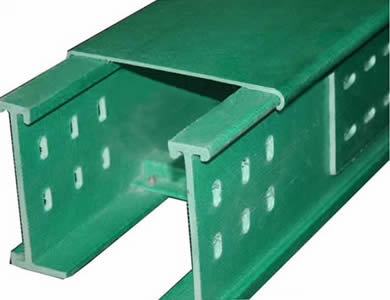 A FRP ladder cable tray with cover on top and holes on the both I-beam rails