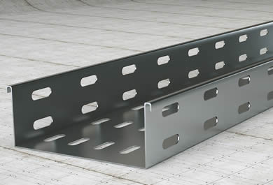 A stainless steel perforated cable tray with holes on bottom sheet and both sides