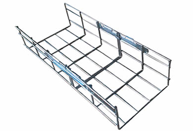A piece of stainless steel basket cable tray with two clips connected on both rails
