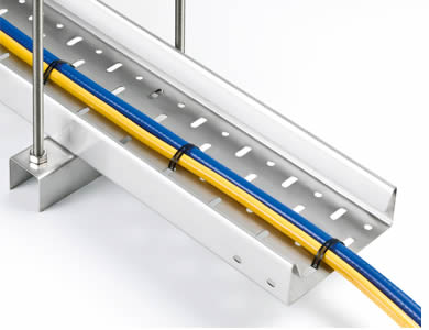 A 50mm high perforated stainless steel cable tray supports two PVC cables in yellow and blue color